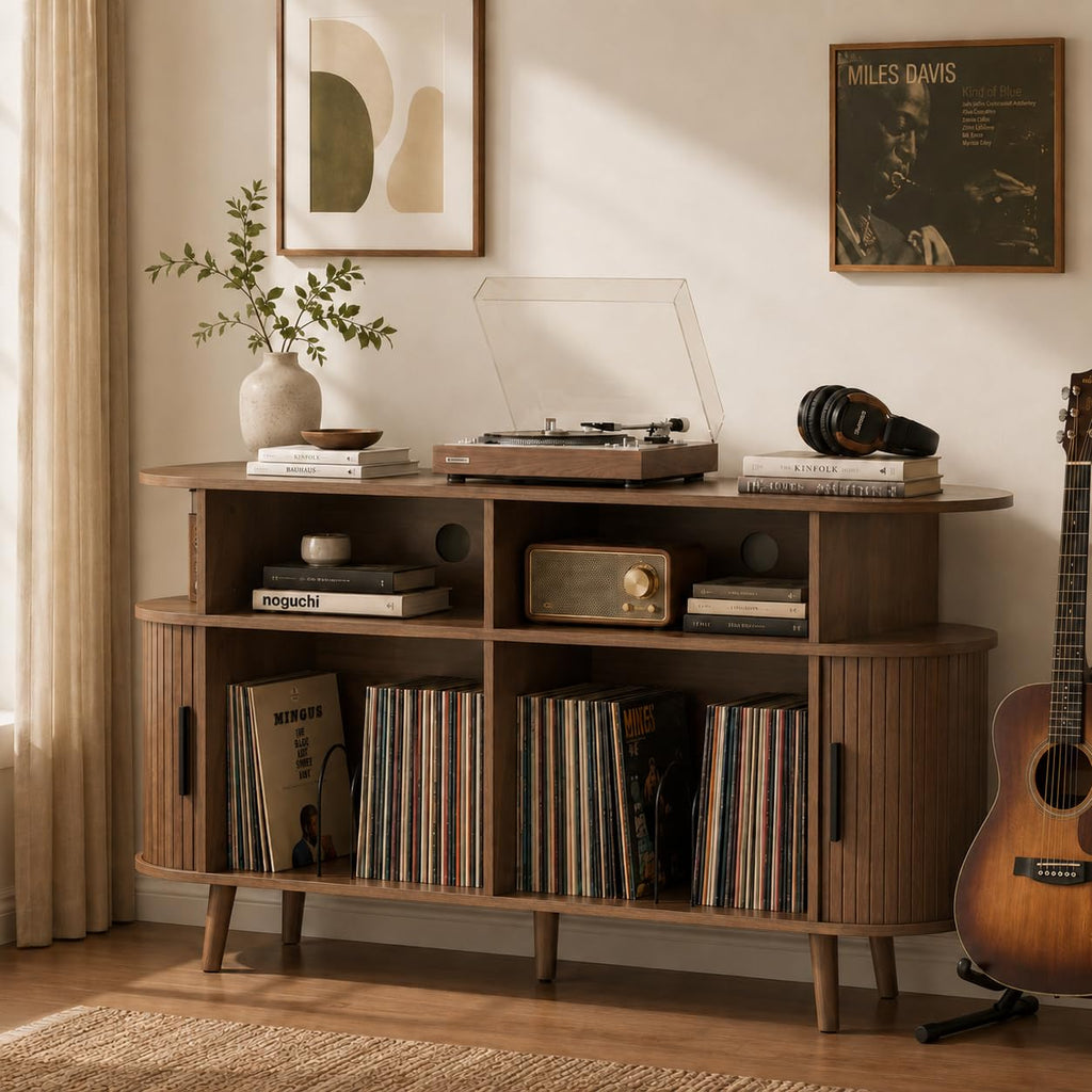 Large Record Player Stand with Storage and Charging Station, 55" Turntable Stand Vinyl Record Player Table Cabinet