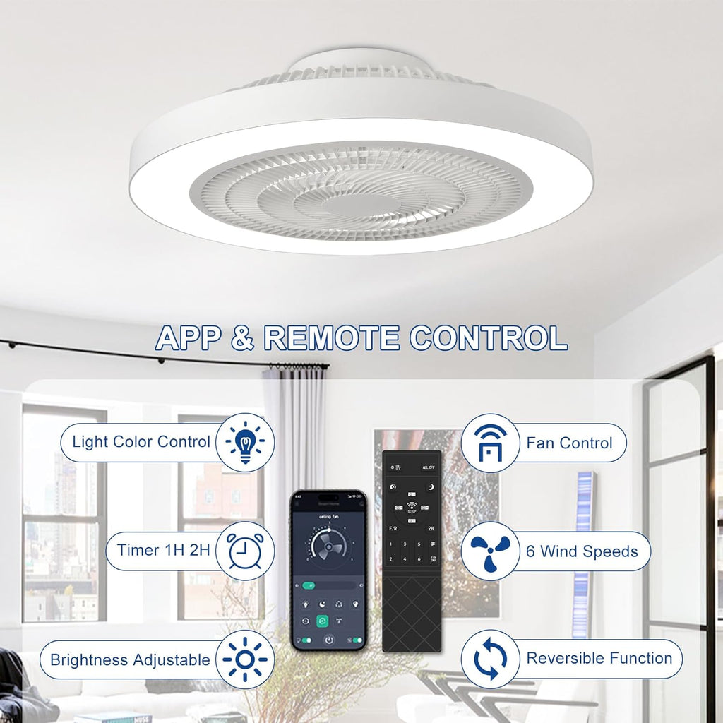 Modern Ceiling Fan with Light: 19" Bladeless Flush Mount Low Profile LED Ceiling Fans with Remote & Smart APP Control