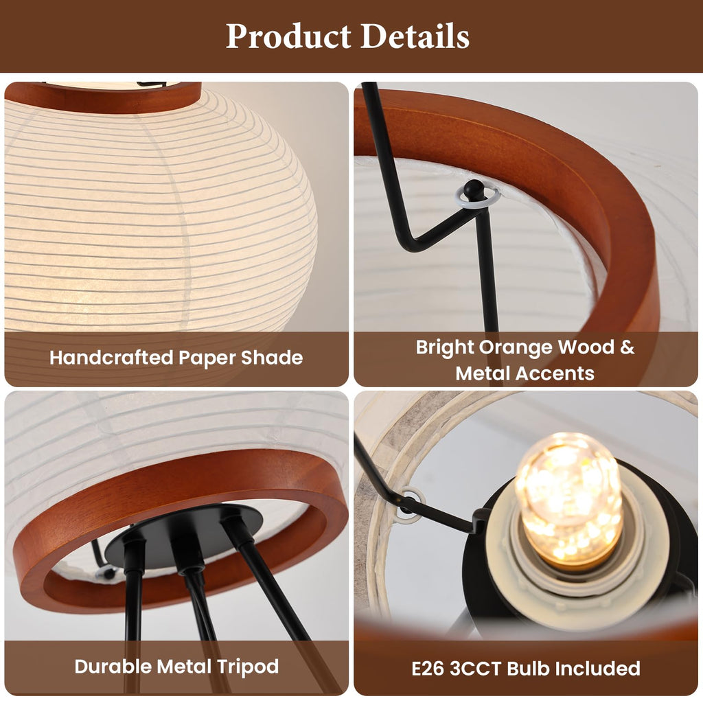 Rice Paper Noguchi Floor Lamp: 3CCT Bulb Japanese Akari Lamp 51 Inches Tall