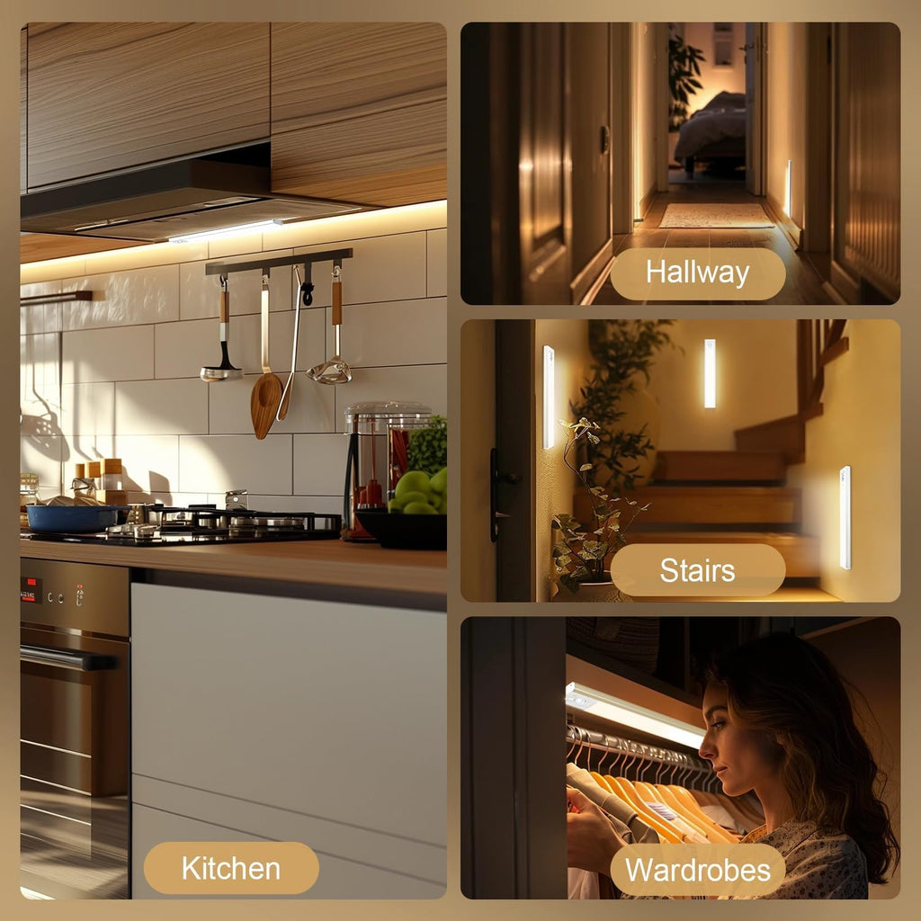 2 Pack Under Cabinet Lighting, 3 Color Temperatures Motion Sensor Light Indoor, LED Rechargeable Cabinet Lights