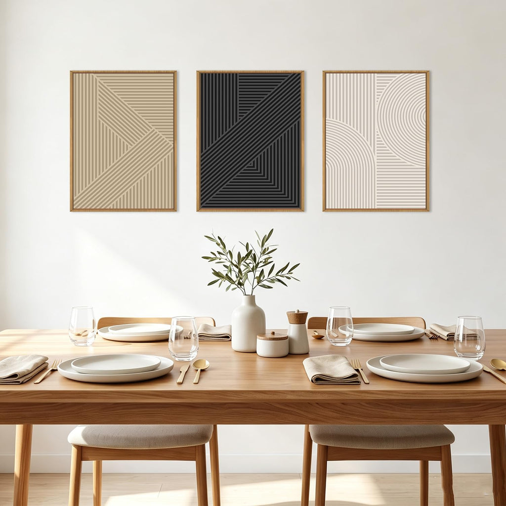 Framed Neutral Wall Art Black Geometric Artwork Modern Painting12x16