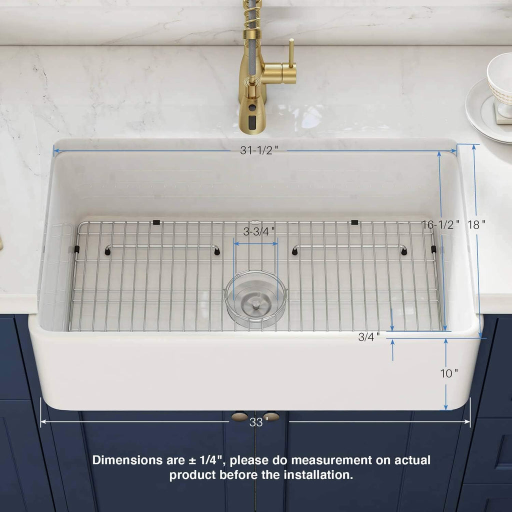 K2-SF33 33-inch Single Bowl Fireclay Farmhouse Sink | Apron Front, Heat Safe Glazing | Scratch & Stain Resistant |