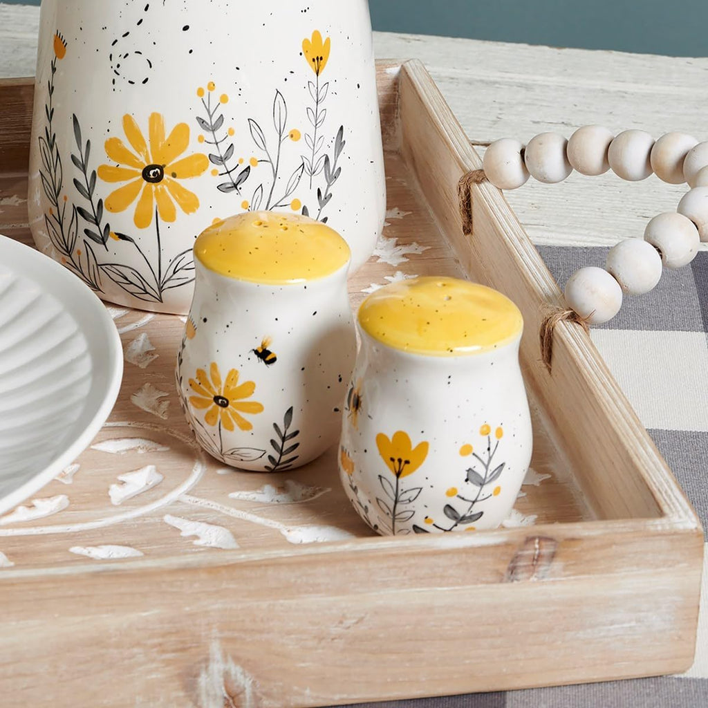 Salt & Pepper Set - features bees buzzing over flowers with yellow accents. Shakers include unique openings to tell - Set of 5