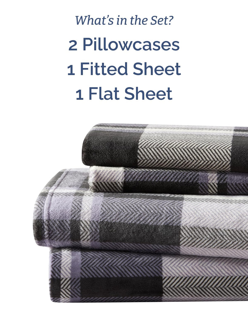Fleece Sheets Set - 4-Piece Flannel Sheet Set - Grey Tartan
