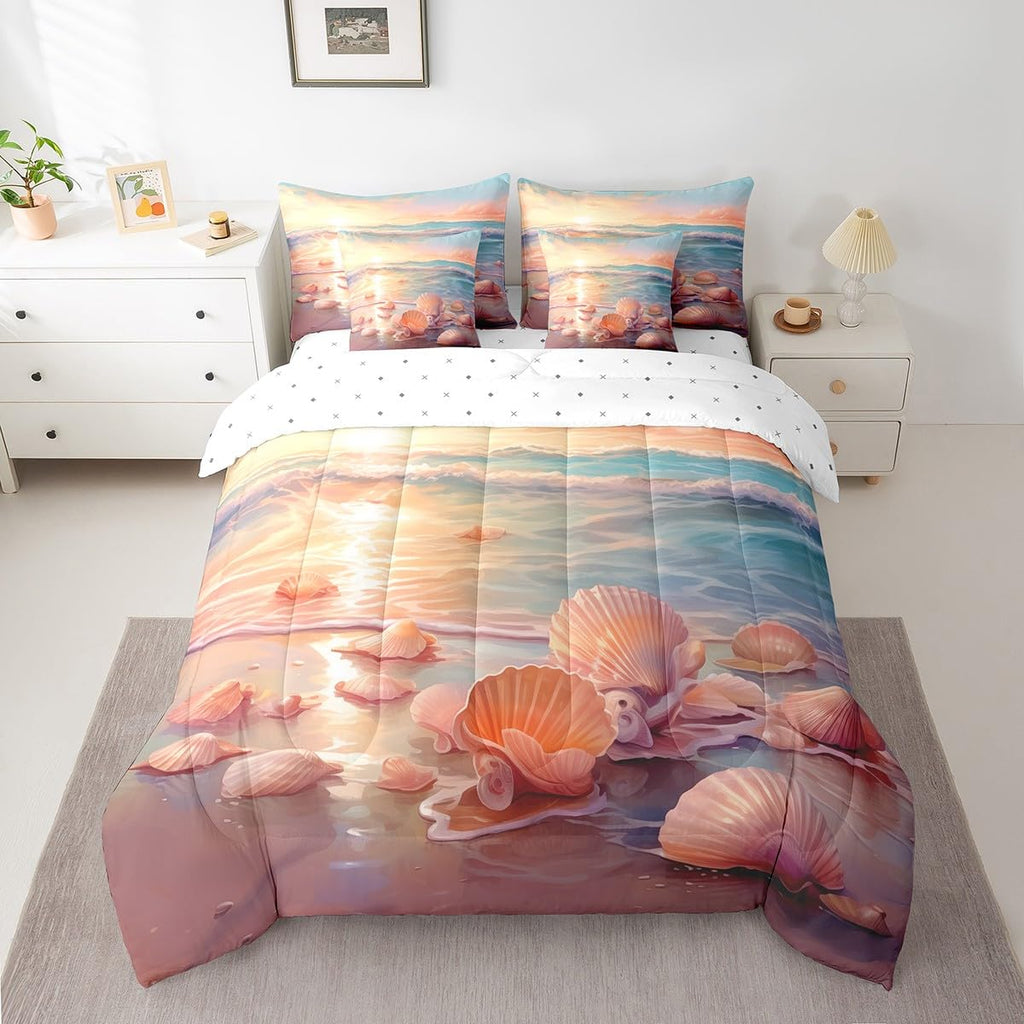 Ocean Bedding Sets 7-Piece Tropical Hawaii Comforter Set Hawaii Beach Comforter Set with Sheets Seashell Conch