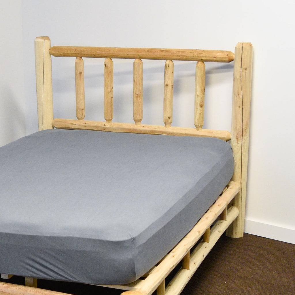 Log Platform Bed Frame with Headboard - Unfinished, Natural, Solid White Cedar Wood, No Boxspring