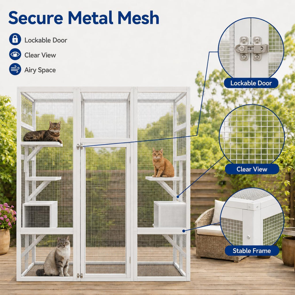 70" Large Catio Indoor Cat Enclosure, Wooden Patio Cat House, White