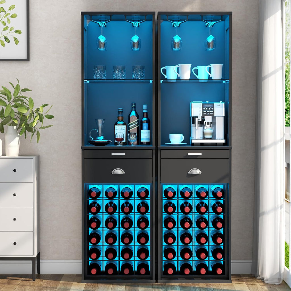 Wine Bar Cabinet w/LED Lights, 65'' Tall Coffee Bar w/24 Wine Rack | Freestanding Liquor Cabinet with Glass Holder &