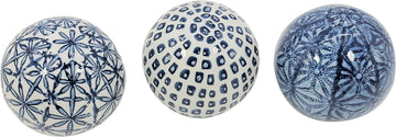 4" Diameter Blue & White Floral Chinoiserie Ceramic Ball () Style 2 | Decorative Ball Vase Bowl Filler - Set of 3