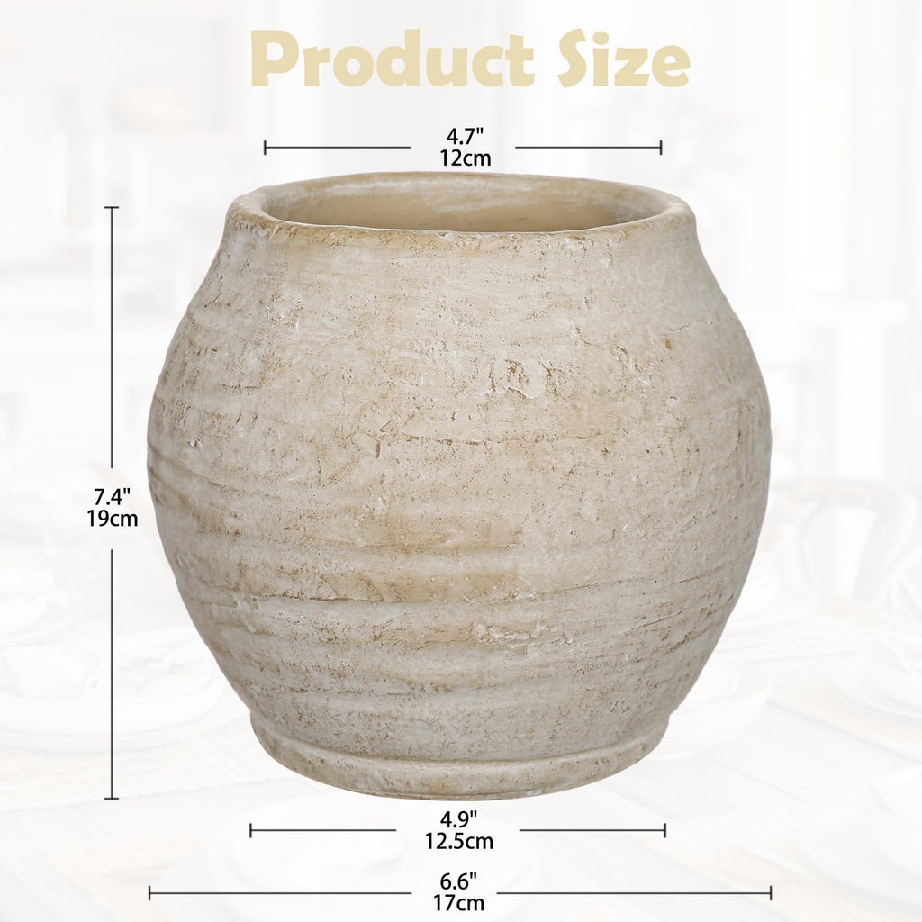 Utensil Holder Counter, 7.4" Rustic Ceramic Vase Crock Decor, Beige Crocks Pottery Jar, Distressed Antique Storage