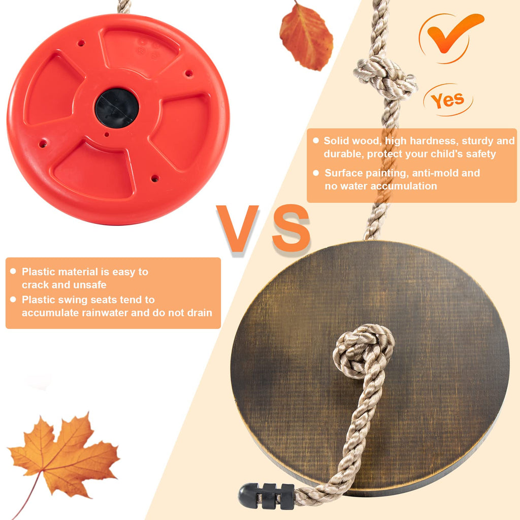 Wooden Round Disc Rope Swing 51"-73" Adjustable Climbing Rope Tree Swing with Hanging Strap Snap Hook and Felt