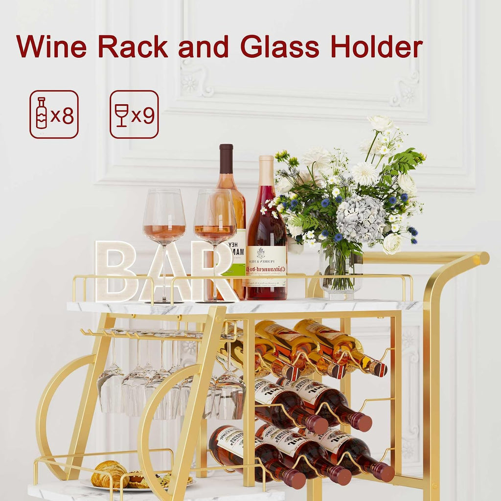 Bar Cart, Gold Bar Carts for The Home, Serving Cart with Wine Glass Holder, 3-Tier Drink Carts with Wheels, Rolling