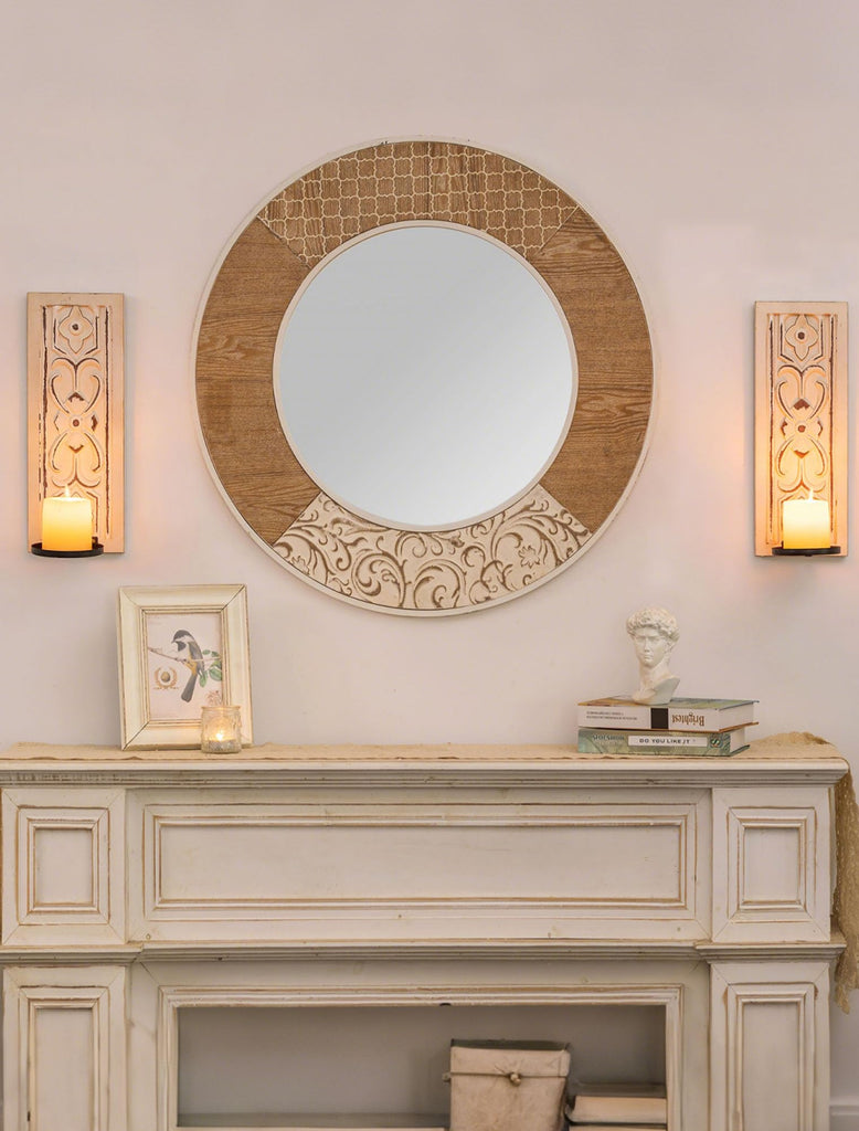 Whitewashed Wood Wall Candle Sconces Set of 2, Floral Design
