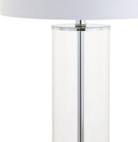 29" Clear/Chrome Modern Glass Table Lamp Bedroom, Minimalist Nightstand Bedside Lamp, White Linen Drum Shade