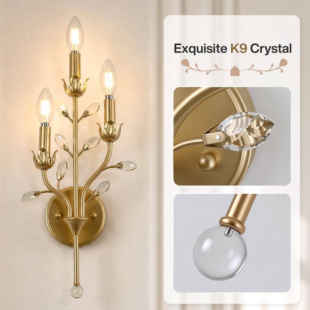 Gold Crystal Wall Sconce, 3-Light Floral Vine Candle Wall Light
