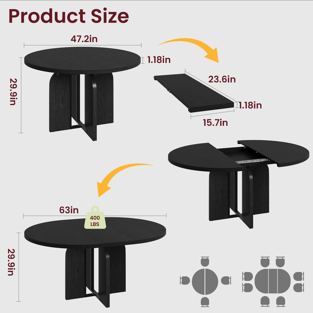 47"-63" Extendable Round Dining RoomTable for 4-8, Farmhouse Wood Expandable Kitchen Table w/Wider Leg, Sturdy Metal