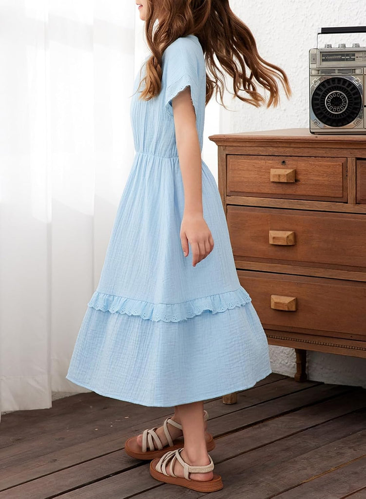 Girls Cotton Short Sleeve Dresses Summer Lace Dress