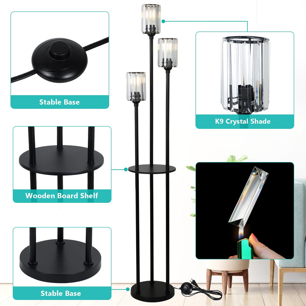 Crystal Floor Lamp with Shelves, Modern Floor Lamps, 3-Light Standing Lamps with Table, Black Tall Lamp with Crystal