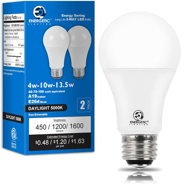 Energetic 3 Way LED Light Bulbs 2 Pack, A19 40 75 100W Daylight White 5000K