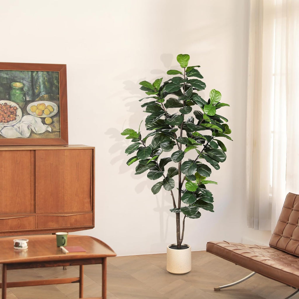 Fiddle Leaf Fig Tree Artificial 6ft with Sturdy White Planter