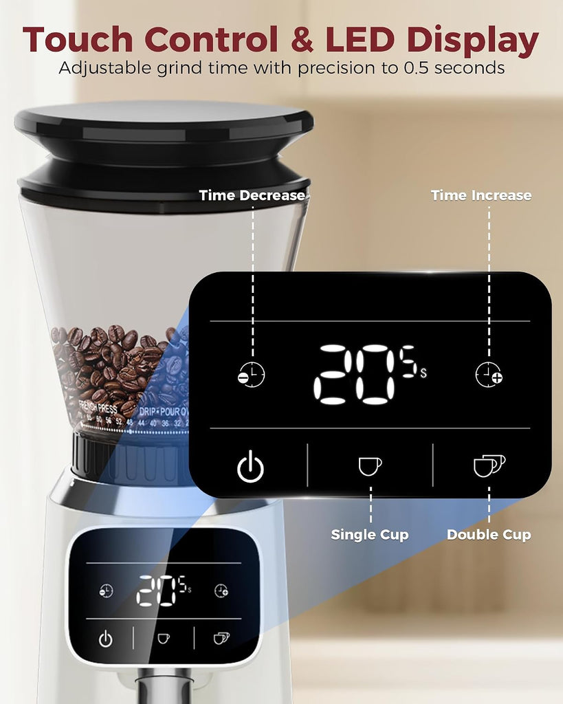 G2 Conical Burr Coffee Grinder with 70 Grind Settings, Ivory | Anti-static Burr Mill, Precision Electronic Timer and