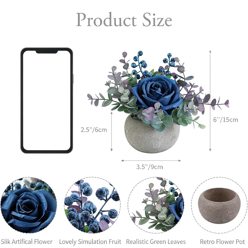 Small Artificial Blue Rose Potted Plant, 2 Pcs Mini Faux Decor