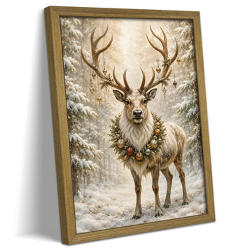 Framed Vintage Christmas Reindeer Wall Art, Festive Deer with Ornaments in Snowy Forest Wall Decor, Rustic Winter