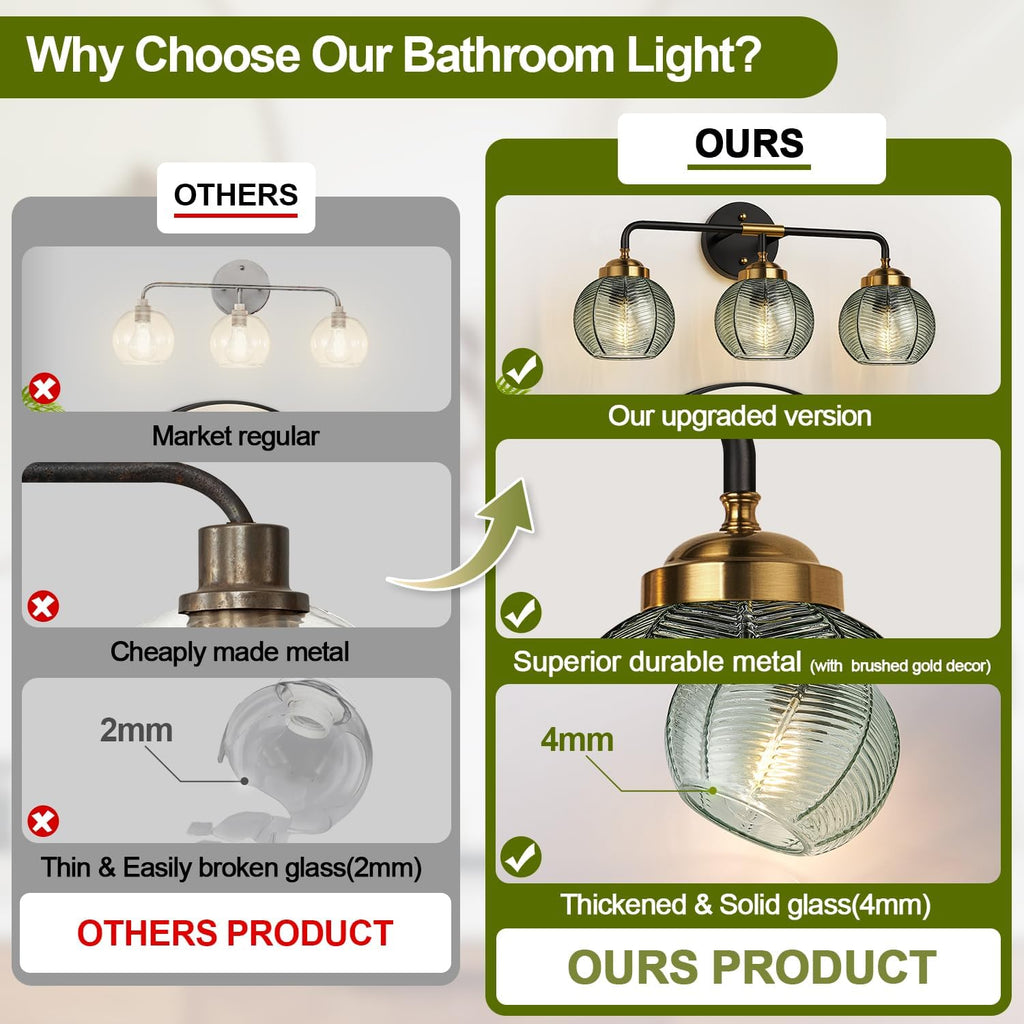 Bathroom Light Fixtures, 3-Light Green Vanity Lights with Unique Leaf Texture Glass Shade, Modern Matte Black and