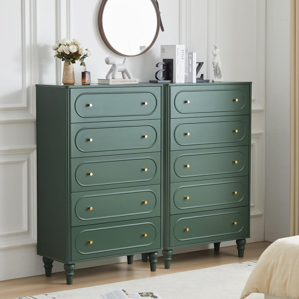 Fluted 5 Drawer Dresser, Mid Century Modern Chest of Drawers, Wood Storage Large Dresser Organizer Living Room