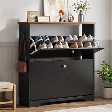Shoe Cabinet, 2 Flip Drawers Slim Black Walnut Top Entry Storage