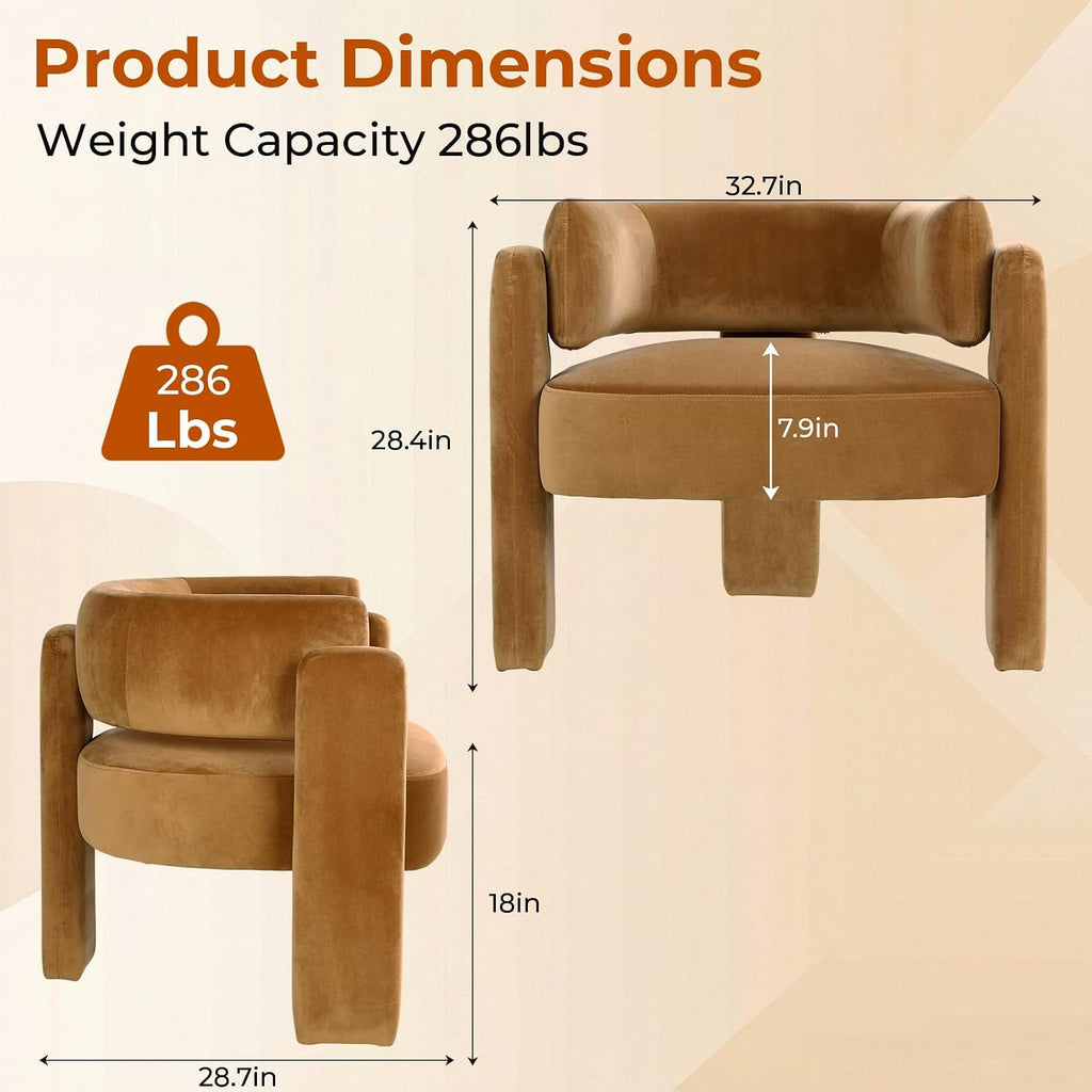 Modern Velvet Accent Chair, Comfy Upholstered Barrel Chairs (1, Khaki) | Accent Chairs with 3 Legs, Side Arm Chair