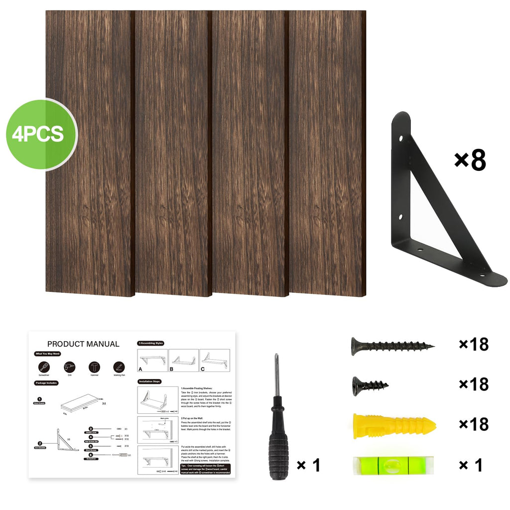 Wall Floating Shelves Decor (Brown, Set of 4, 16.5 Inch)