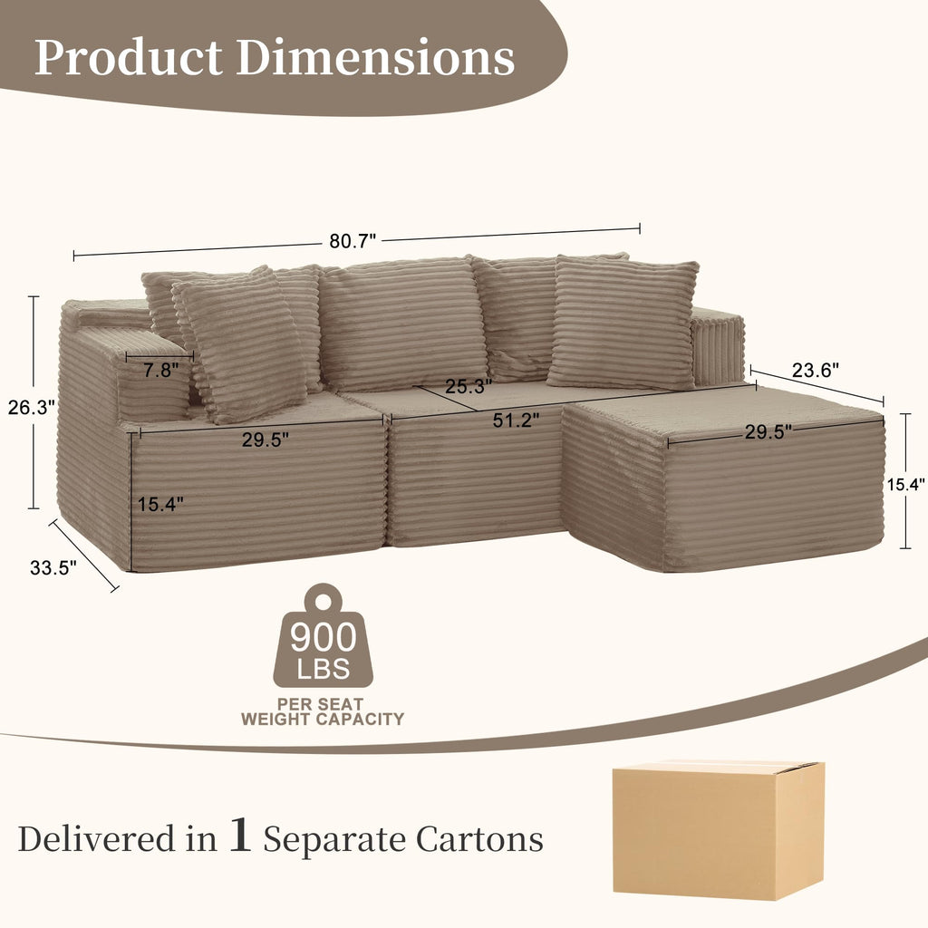Cloud Modular Sectional Sofa with L-Shaped, Boneless Couches, Fluffy Comfy Corduroy Deep Seat with Ottoman, Bedroom
