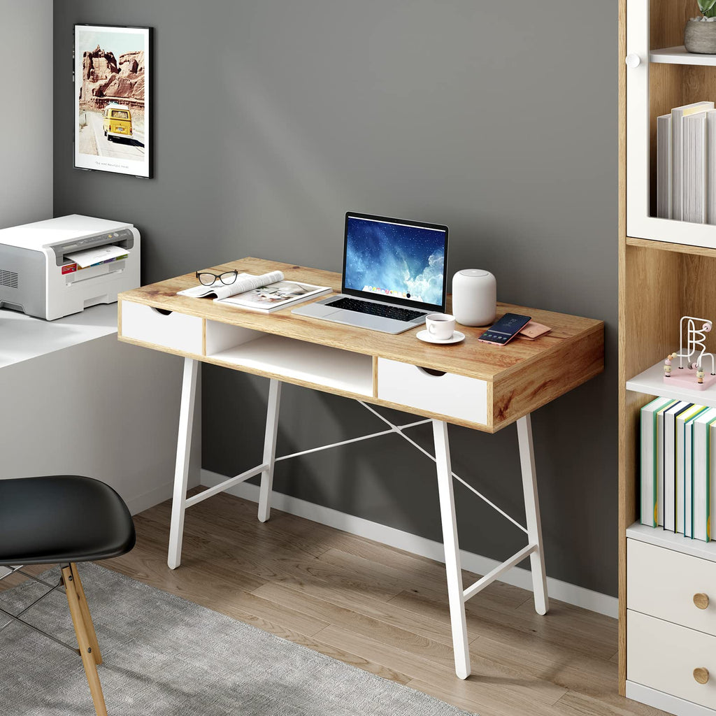 Mid Century Desk with Drawers, 47 inches Writing Study Desk with 2 Drawer and Opening Storage Cube, Home Office