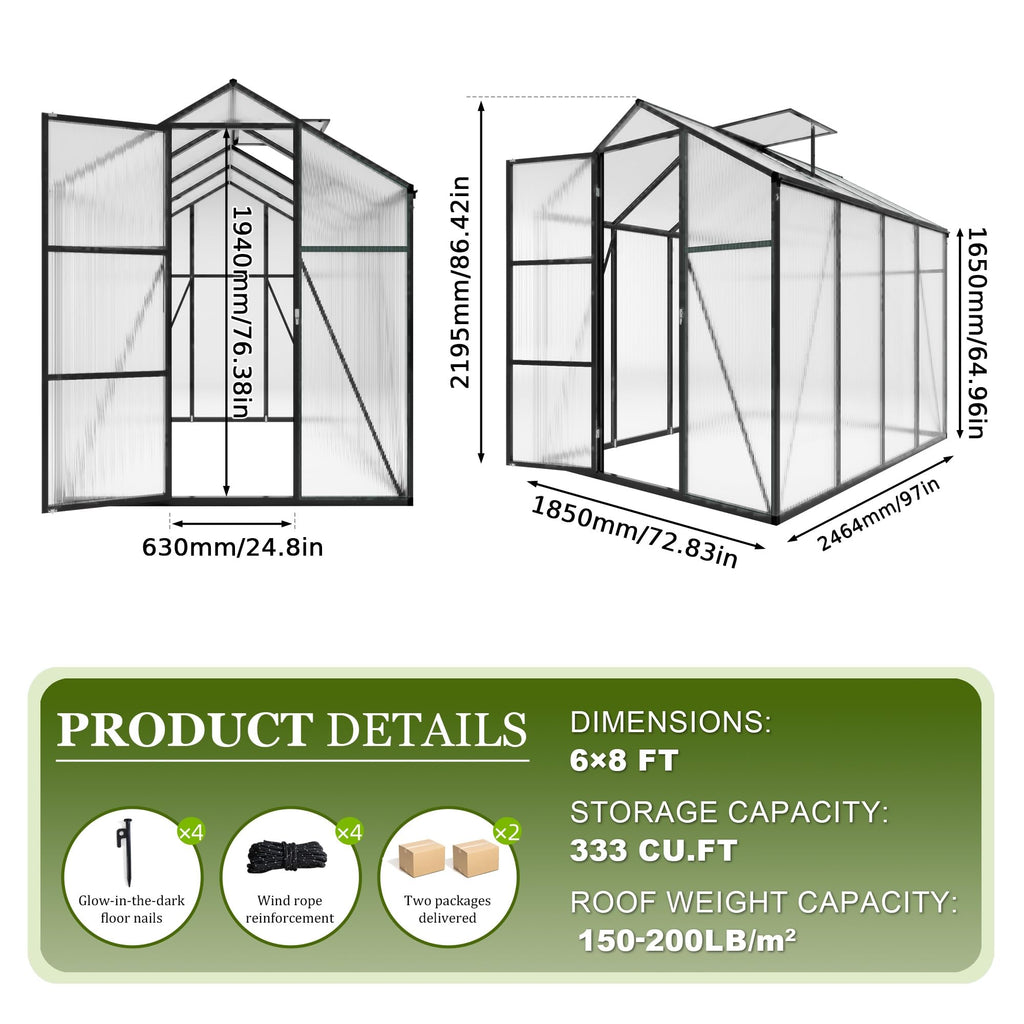 6*8.2FT Greenhouse for Outdoors, Polycarbonate Greenhouse with Stronger Wind Protection and Roof Vent, Walk-in Large