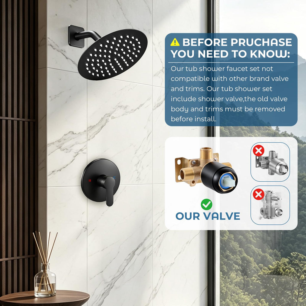 Shower Faucet Set, 8-Inch Round Rain Head with Valve, Matte Black