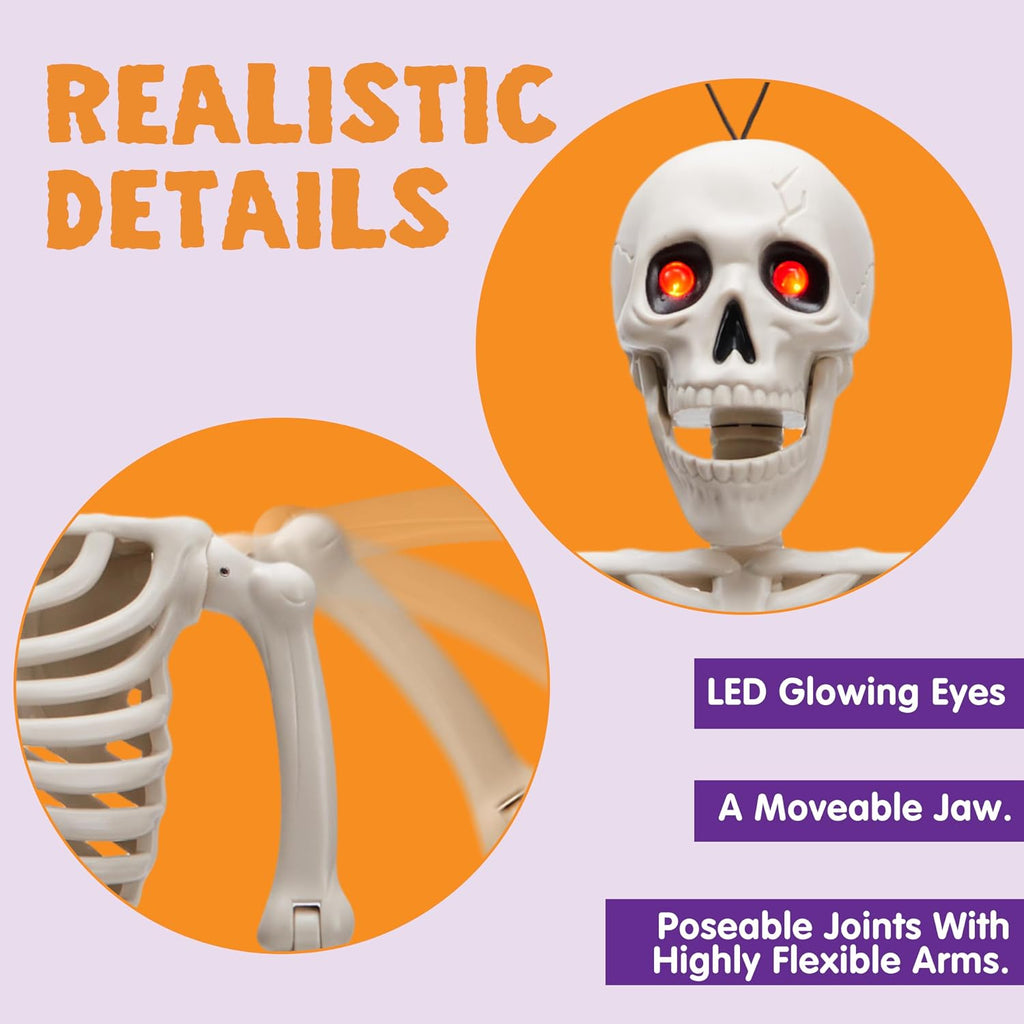 24 Inch Halloween Posable Skeleton with LED Red Glowing Eyes, 2FT Realistic Hanging Skeleton Bone Full Body Movable