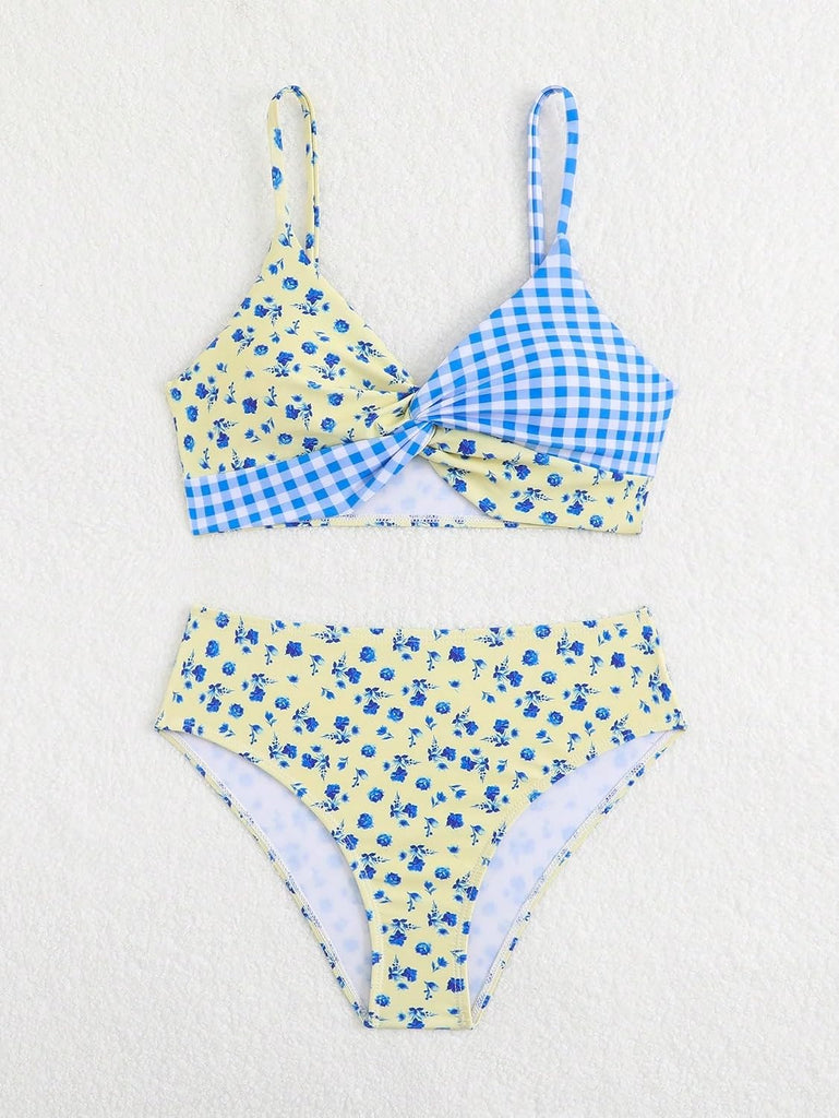 Girls 2 Piece Bikini Sets Twist Front Gingham Ditsy Floral Print Adjustable Straps Bathing Suit Tween Beach Swimwear
