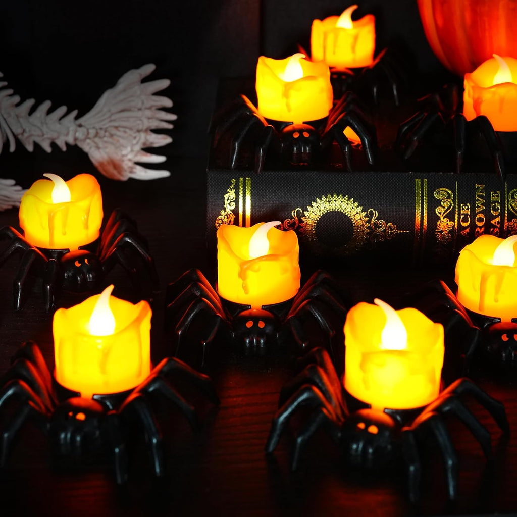 Halloween Spider Tea Lights Candles, Battery Operated LED Flameless Spider Candles Holder Lights, Spooky - Set of 12