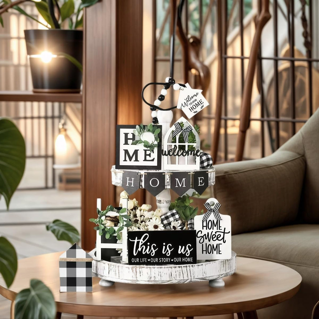 Tiered Tray Decor Set for Rustic Home Country Kitchen Dining Room Living Room Table Decorations Farmhouse Modern - Set of 11