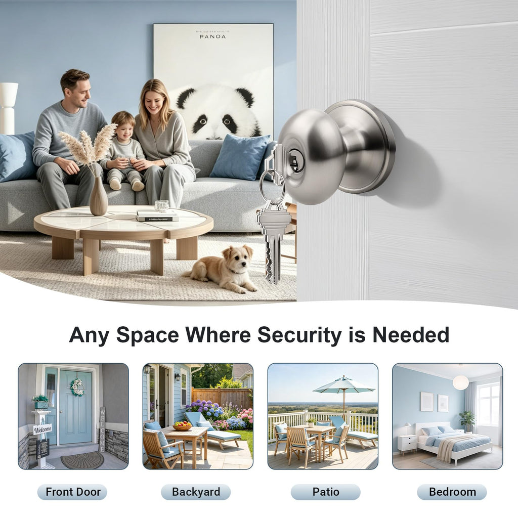 6 Pack Brushed Nickel Door Knob with Lock and Key, Egg Shaped Oval Door Knob Keyed Alike Doorknob /Bathroom/Office