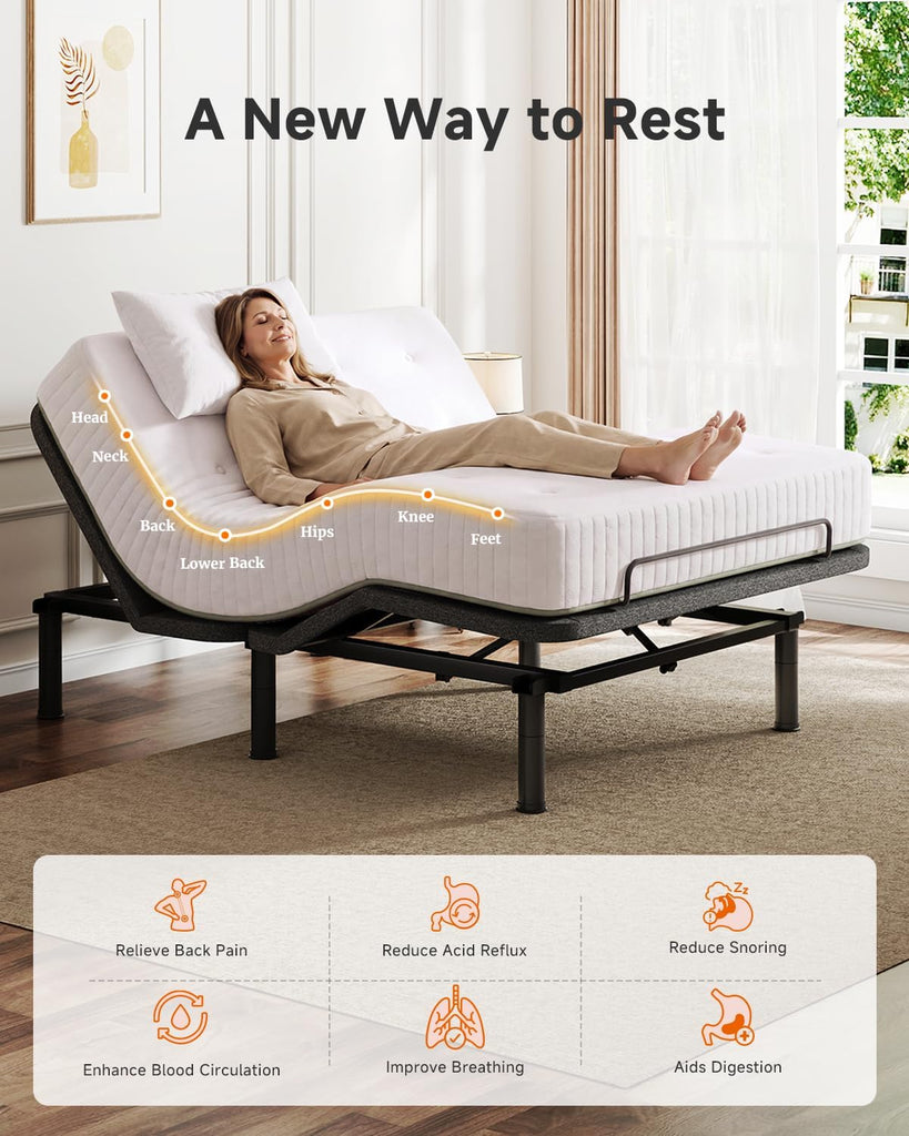 Adjustable Bed Frame Queen, Electric Bed Bases with Independent Head & Foot Incline, Wired Remote, Quiet Motor, 3 Leg