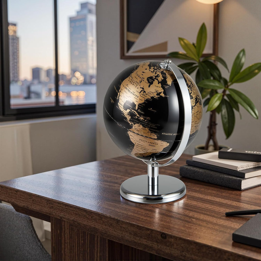 8" World Globe, Black Earth Globe with Gold Accents, Metal Stand, Non-slip Base & Time Zone, Decorative Tabletop Desk