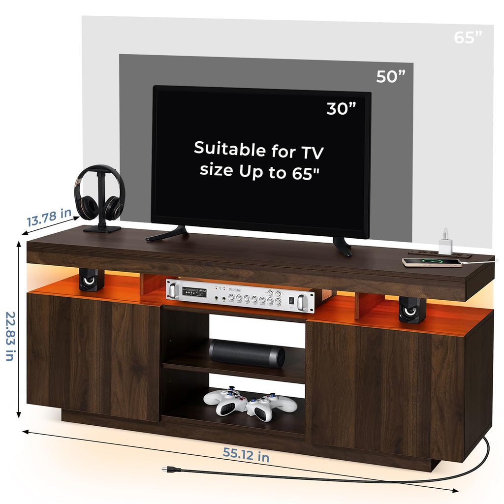 Modern LED TV Stand for 65 Inch TV, Walnut TV Console with Power Outlet, Entertainment Center with Storage for