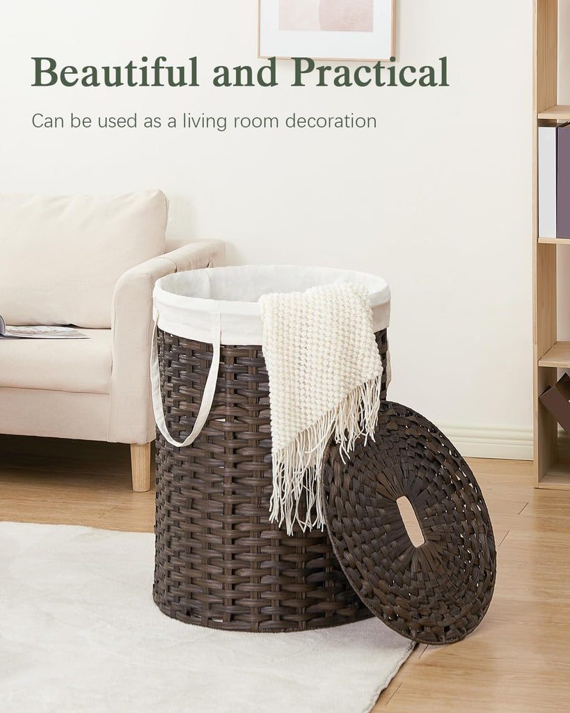 Laundry Basket with Lid Round Rattan PE Laundry Hamper, Brown
