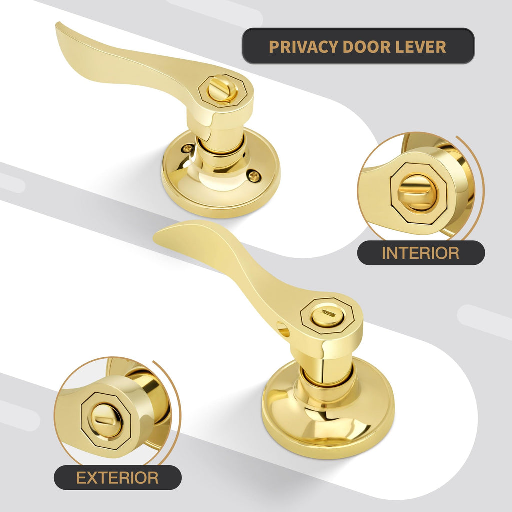 Wave Style Privacy Door Handle with Privacy Lock, Keyless Door Lever /Bedroom in Polished Brass Finish, No Key