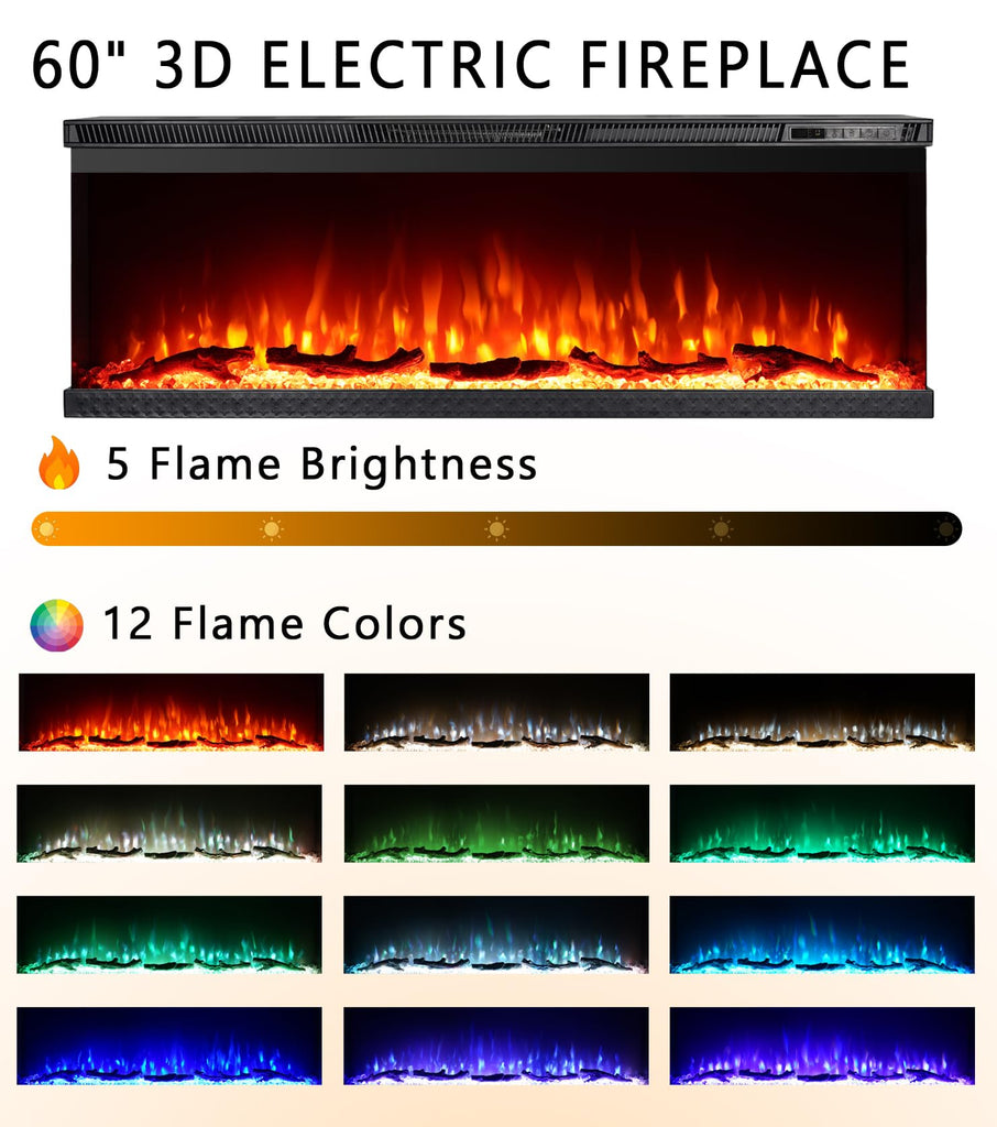 3-Sided View Electric Fireplace Insert - Minimalist Mantel - 12 Color Flame Effect - 1500/750 Watt Heater - Remote