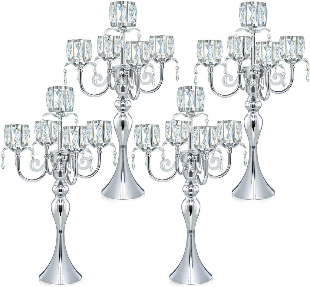 Candelabra Candle Holders, Elegant Bling Centerpiece with Pendant Crystal Table Decorations 5 Arms Candlesticks,22