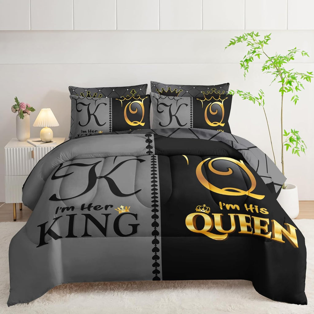 Grey and Black Comforter Set Queen IZE,7-Piece K and Q Printed Crown Couple Bed in a Bag,His Her Lover Comforter & Fitted Sheet & Flat Sheet & 2 Pillowcases,2 Pillow Shams