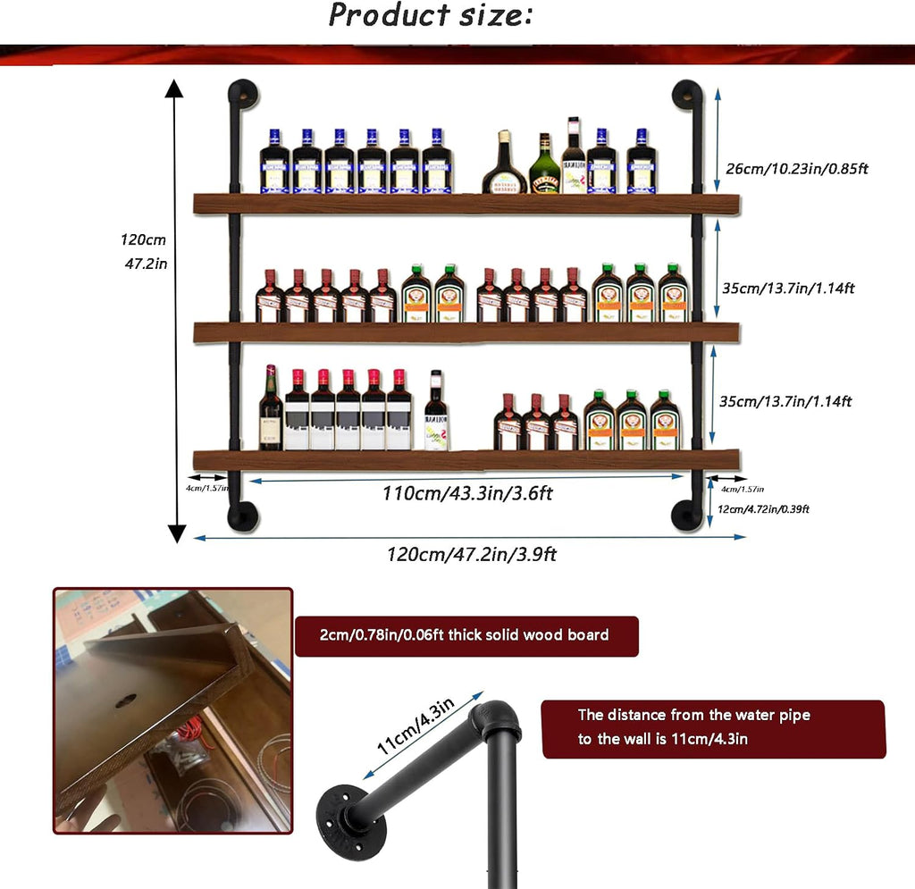 47.2in Wall Mounted Wine Rack with LED Light Solid Wood | 3-Tiers Liquor Bottles Floating Shelves Display Storage